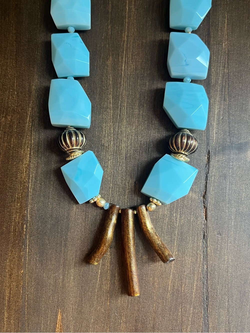 Turquoise Blue Geometric Bead Necklace with Gold Accent